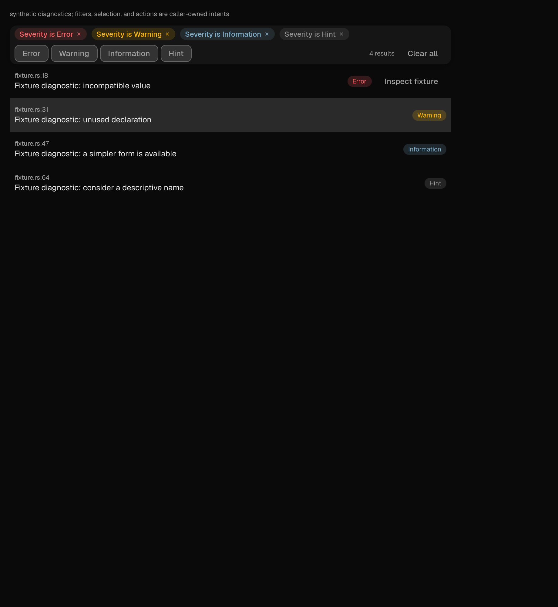 The diagnostics-list scene